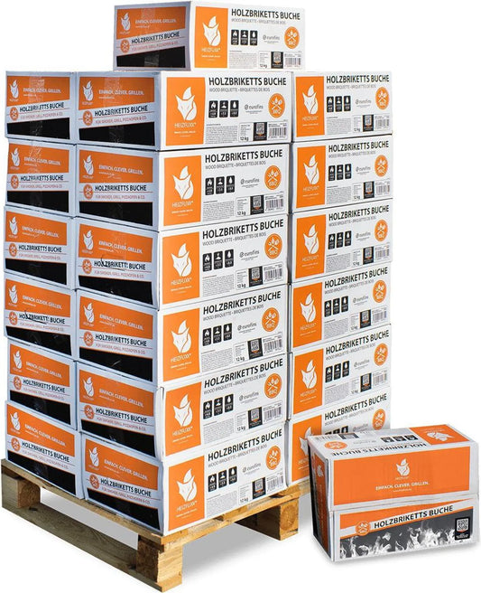 Heizfuxx® Nestro M Holzbriketts aus Hartholz – 12 kg im Karton, 25 Kartons (300 kg Palette)