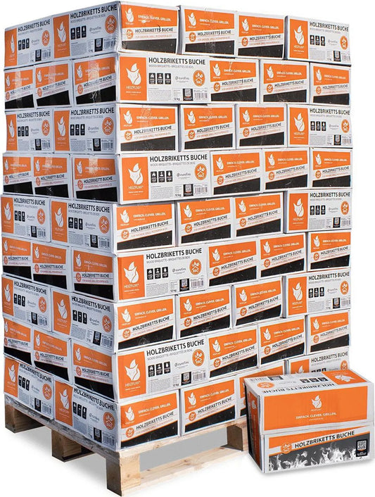 Heizfuxx® Nestro M Holzbriketts aus Hartholz – 12 kg im Karton, 81 Kartons (972 kg Palette)