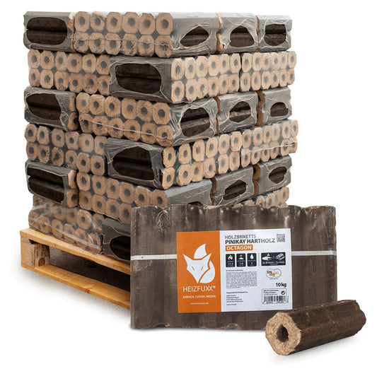 Heizfuxx® PiniKay Octagon Hartholz-Holzbriketts – 300 kg Palette (30 Gebinde x 10 kg)