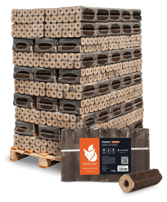 Heizfuxx® PiniKay Octagon Holzbriketts aus Hartholz – 10 kg im Gebinde, 96 Gebinde (960 kg Palette)