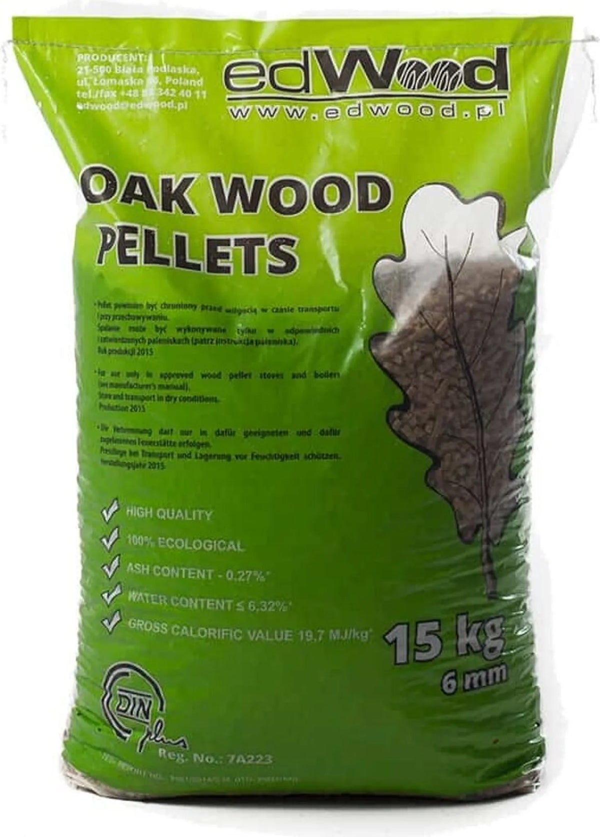 Holzpellets Eiche Hartholz 6mm | 65x 15kg Säcke (975kg Palette) | ENplusA1 zertifiziert